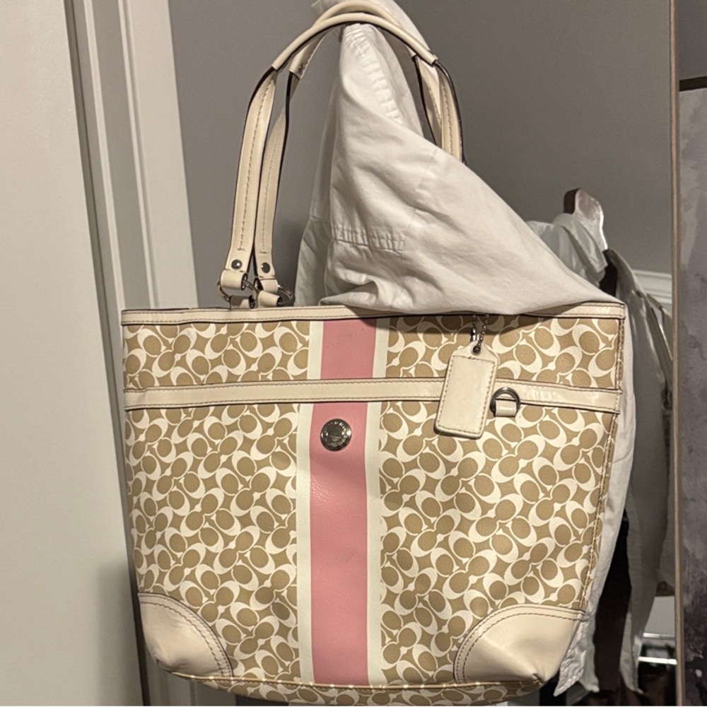 Coach Tan and Pink Heritage Stripe Signature Tote - Picture 3 of 10